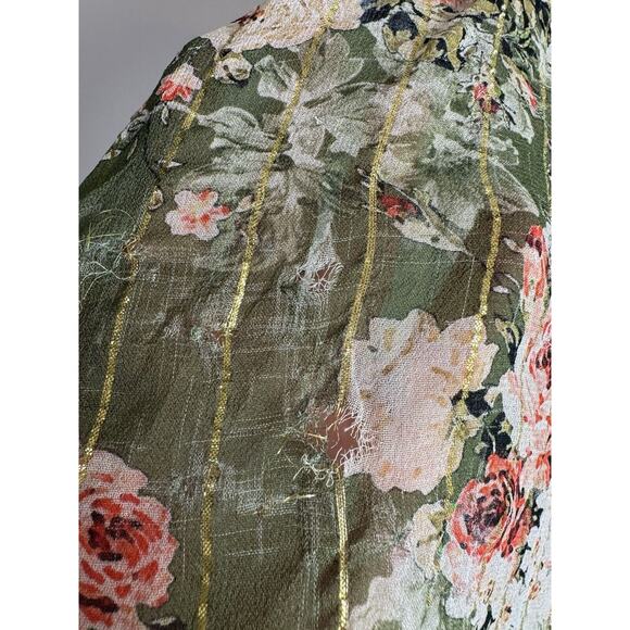 Hemant & Nandita Button Down Short Sleeve Blouse Floral Green L FLAW - Picture 10 of 12